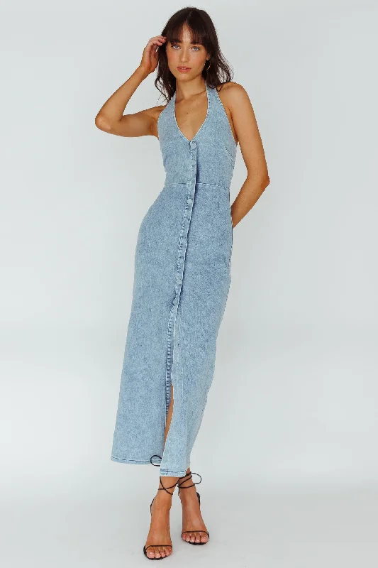 Renita Halterneck Button Maxi Dress Denim Blue