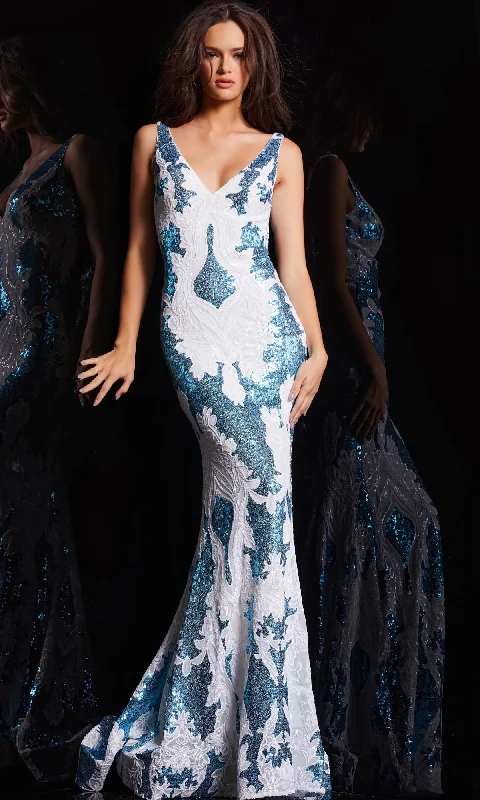 Jovani V-Back Long Sequin-Print Prom Dress 23319