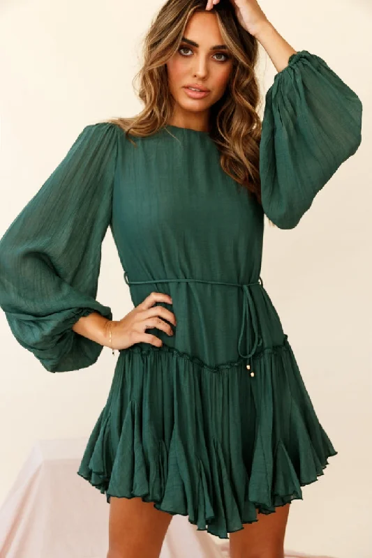 Rosabel Balloon Sleeve Fluted Hem Dress Green