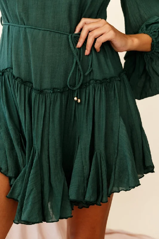 Rosabel Balloon Sleeve Fluted Hem Dress Green