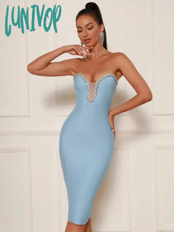 Lunivop New Women Summer Sexy Strapless Backless Beading Mesh Sky Blue Midi Bandage Dress Elegant Evening Celebrity Party Dress