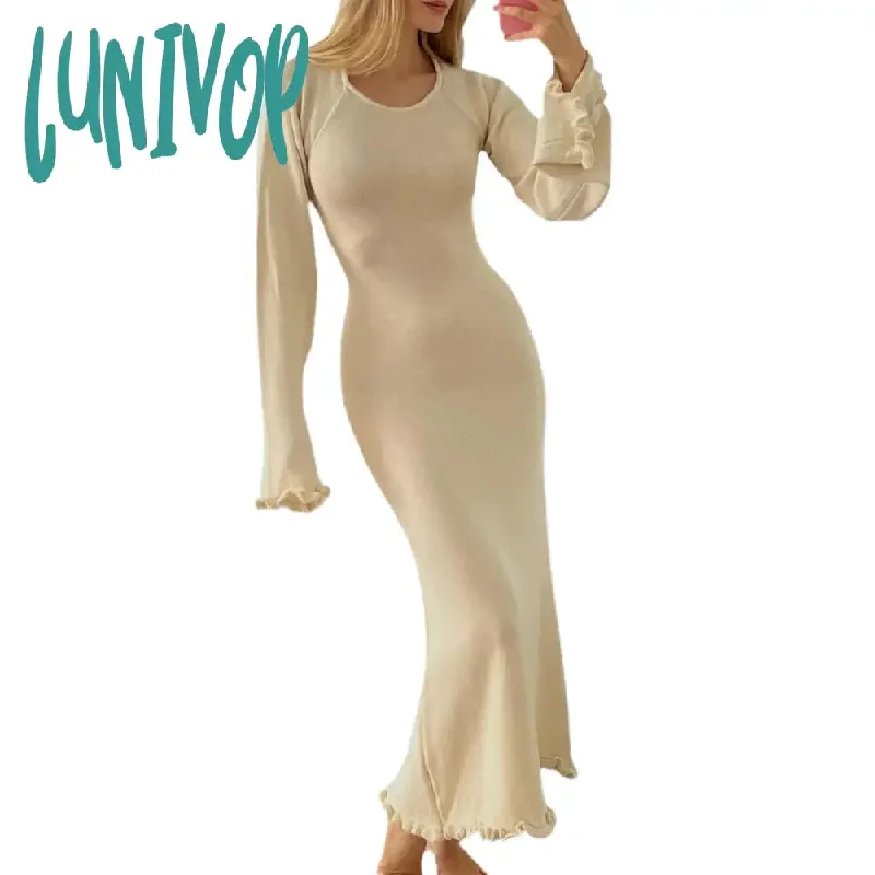 Lunivop Sexy Dress  Solid Knitted Open Back Flared Long Sleeve Maxi Dress Elegant Sexy Clothes for Women Fall Resort Wear