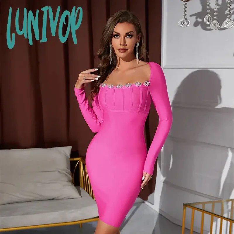 Lunivop Winter Fashion Women Sexy Long Sleeve Crystal Diamonds Pink Black Mini Bandage Dress Elegant Evening Club Party Dress