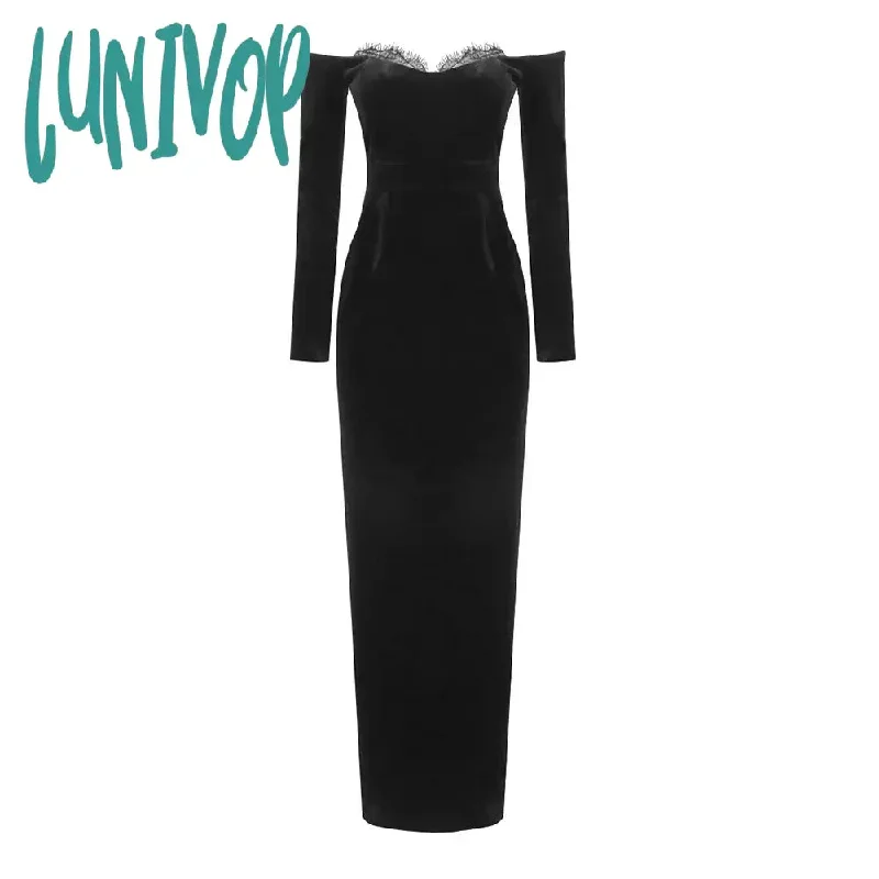 Lunivop Women Celebrity Winter Sexy Long Sleeve Off Shoulder Lace Black Velvet Bodycon Gowns Dress Elegant Evening Party Club Dress