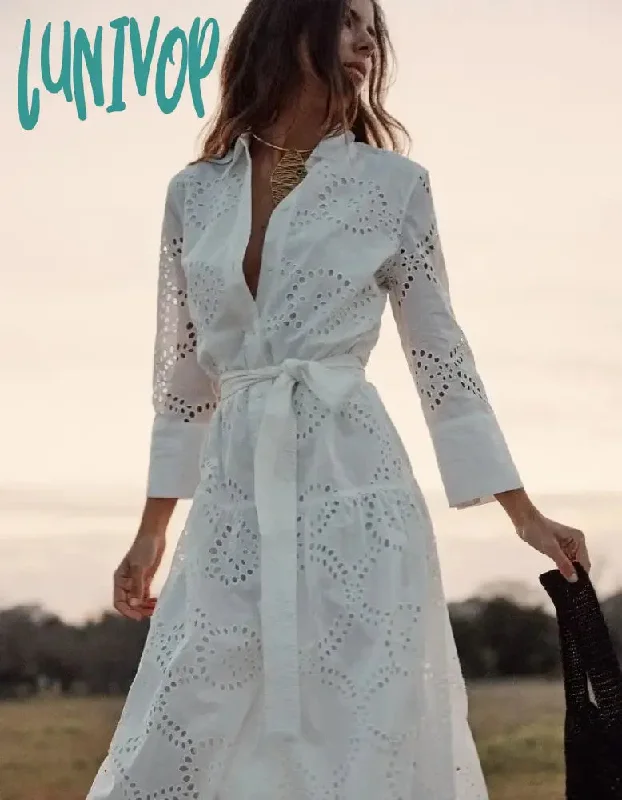 Lunivop Women Chic Embroidered Lace Up Midi Dress Elegant Lapel Long Sleeve Single Breasted Vestidos  Summer Lady Fashion Streetwear