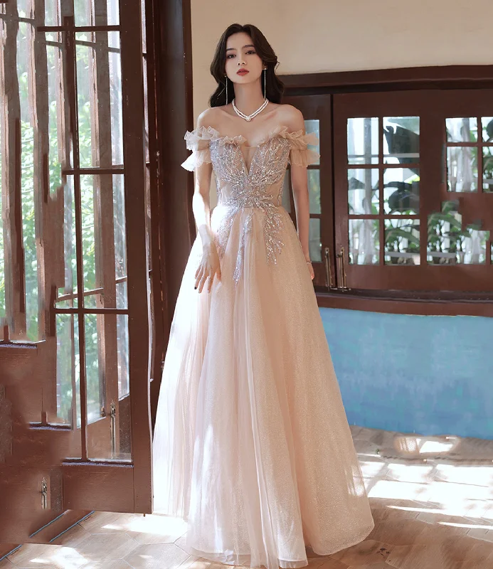 Champagne tulle long prom dress A line evening dress  10388