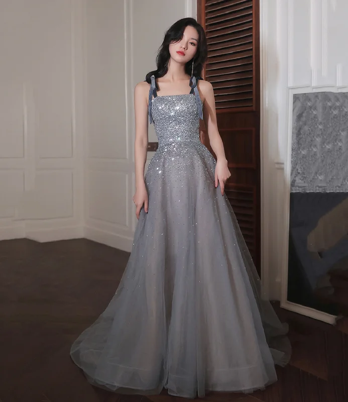 Gray tulle sequins long prom dress A line evening dress  8889