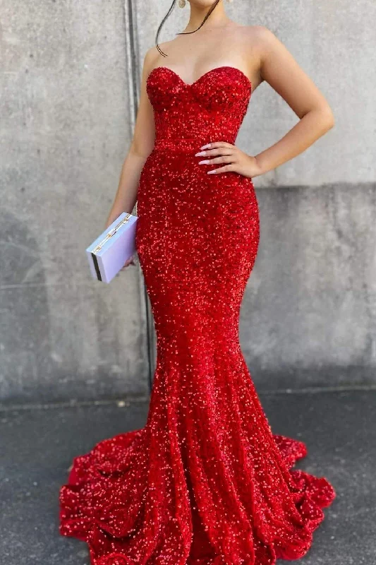 Red Sweetheart Long Mermaid Prom Dress With Sequins gh754