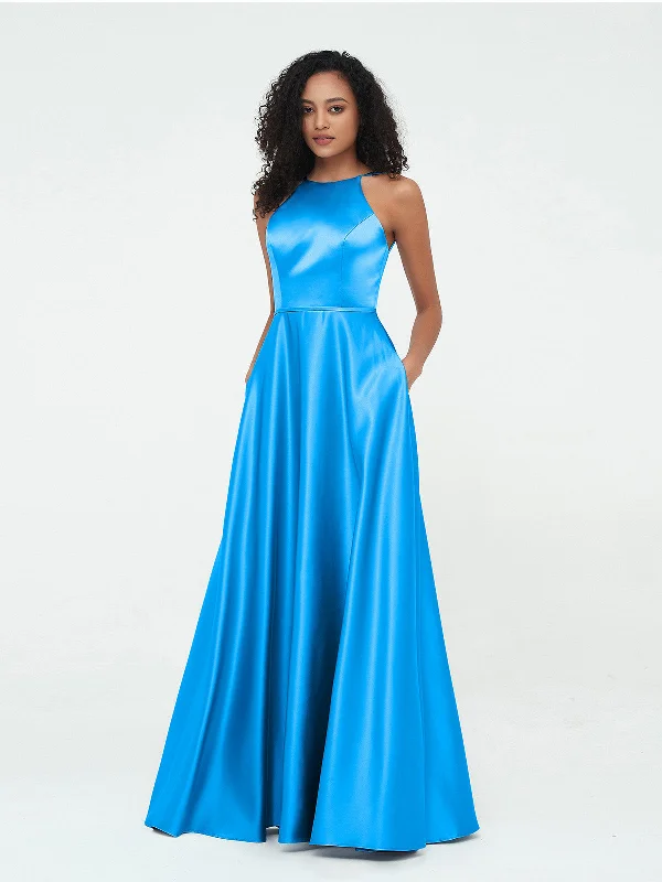 A-line Halter Max Satin Dresses with Pockets-Ocean Blue