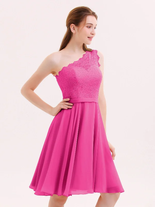 One Shoulder Short Lace Bridesmaid Dress Fuchsia