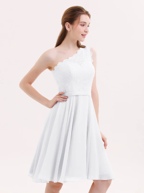 One Shoulder Short Lace Bridesmaid Dress White