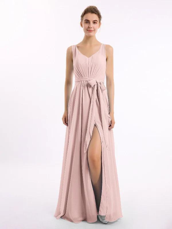 V neck Chiffon Bow Sash Gowns with Split Dusty Rose