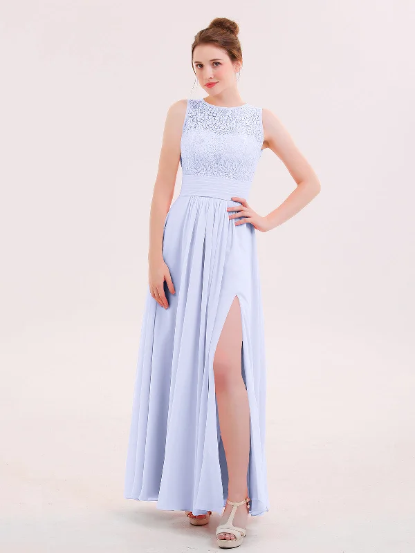 Illusion Neck Lace and CHIffon Dress with Slit Lavender