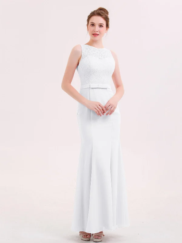 Illusion Neck Mermaid Dress with Open Back-White