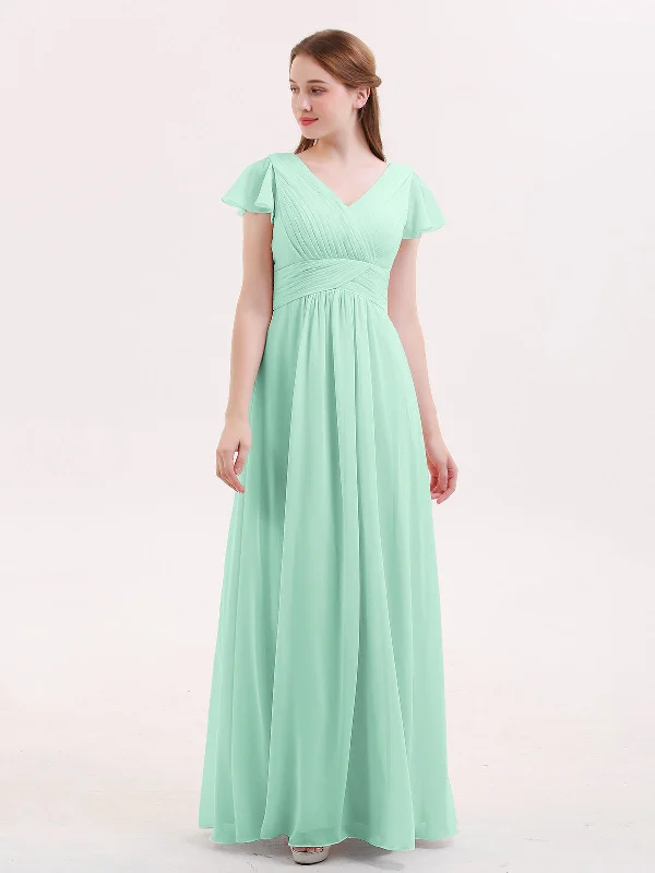 Cap Sleeves Chiffon Long Bridesmaid Dress Mint Green