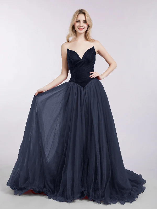 Sweetheart Neck Tulle Dress with Train-Dark Navy