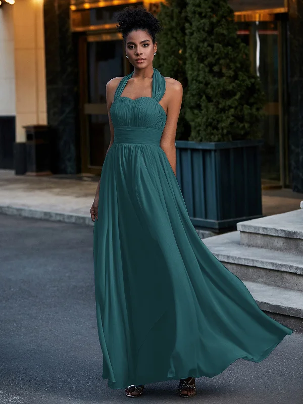 Halter Chiffon Dresses with Cascade Skirt-Peacock