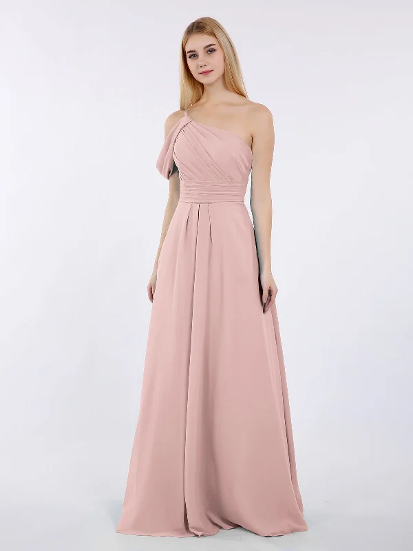 One Shoulder Chiffon Long Bridesmaid Gowns-Dusty Rose