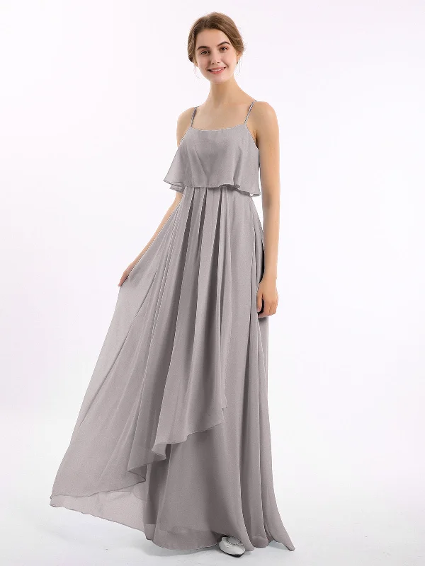 Spaghetti Strap Chiffon Dress with Cascade Skirt-Silver