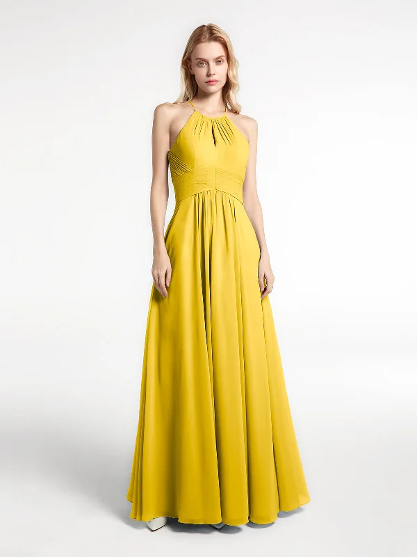 Halter Keyhole Neck Chiffon Dress with Pockets-Marigold