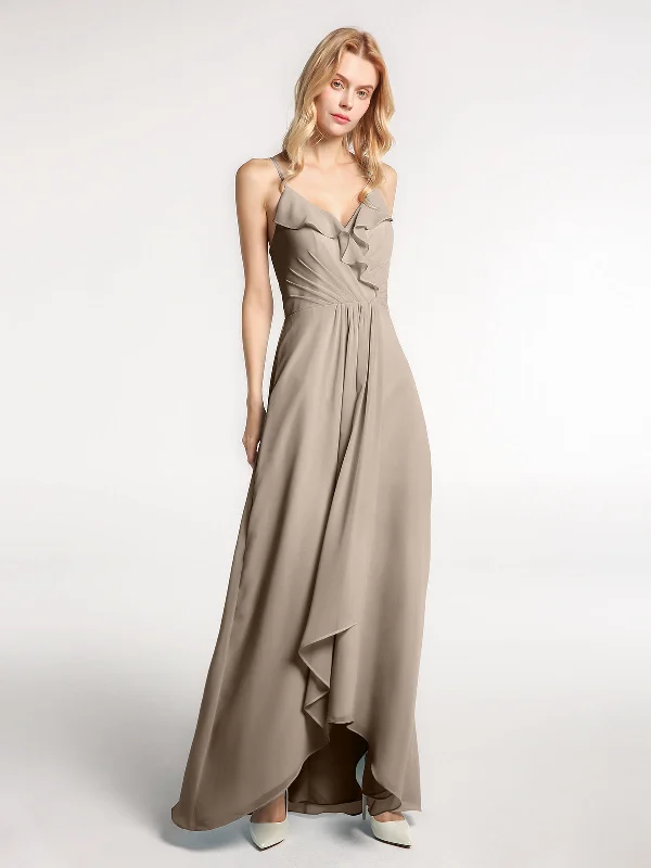 Spaghetti Strap Ruffles High Low Chiffon Dress-Taupe