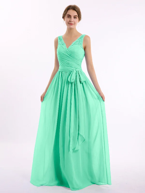 Lace Straps Long Chiffon Dresses with Bow Sash-Turquoise