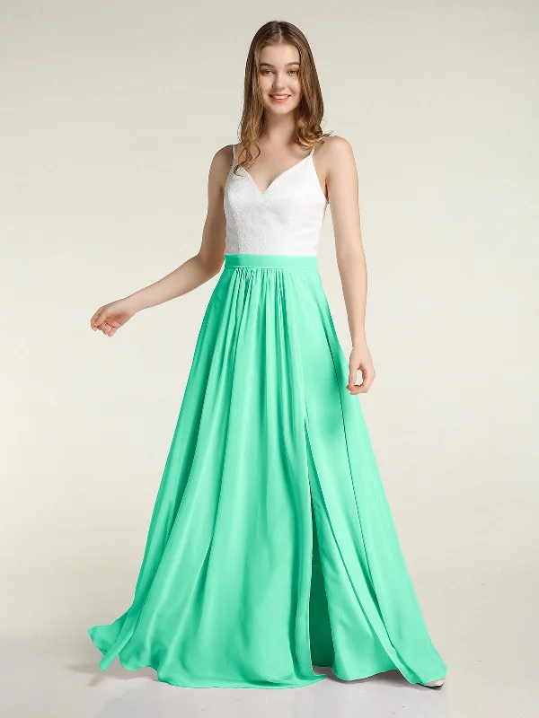 Ivory Lace Bodice Chiffon Skit Dresses with Slit-Turquoise